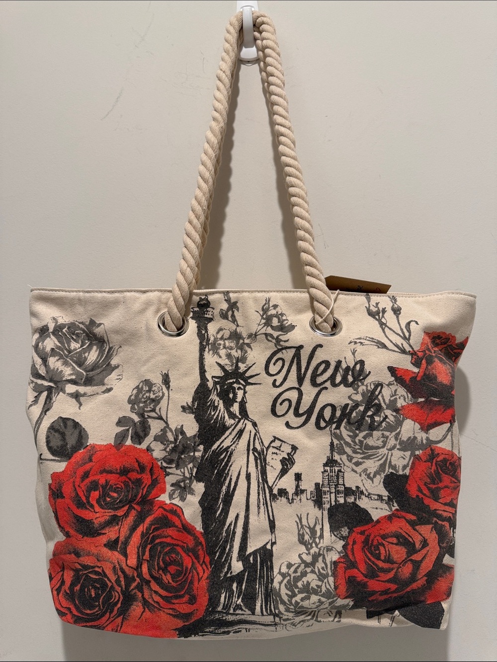 Glam & Chic Canvas Tote Bag with Red Rose and New York Print